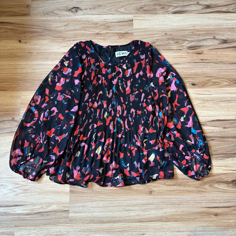 ICHI Black Blouse with Floral Pattern